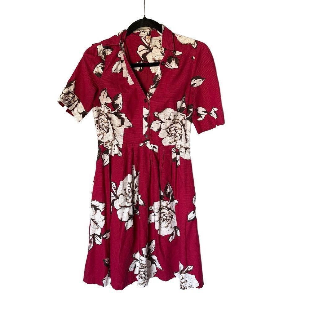 Anthro Maeve A-line Dress Magenta Floral Shirt Dress Ribbed Texture Tropical